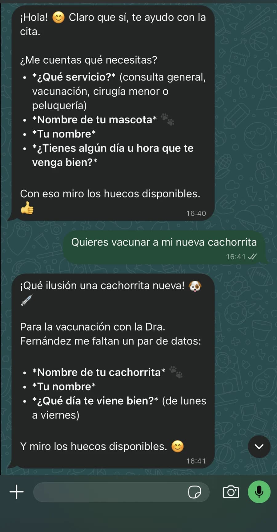 Conversación de WhatsApp: el asistente de una clínica veterinaria pide los datos para reservar la vacunación de una cachorrita