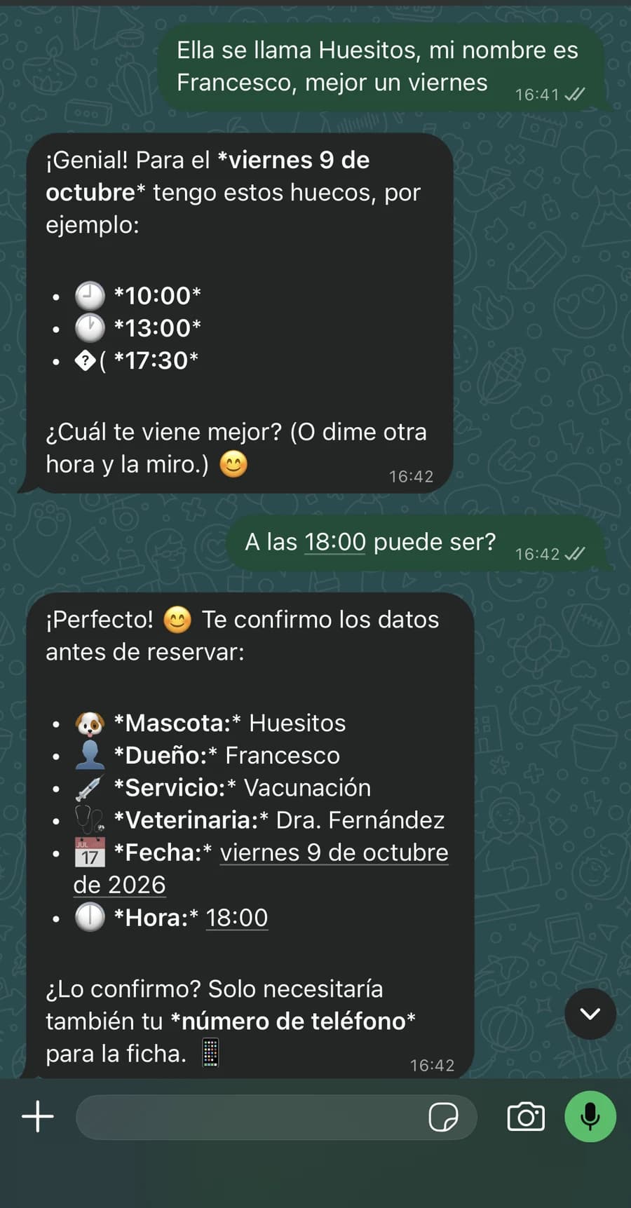 Conversación de WhatsApp: el asistente ofrece huecos para el viernes 9 de octubre y resume la cita antes de confirmarla